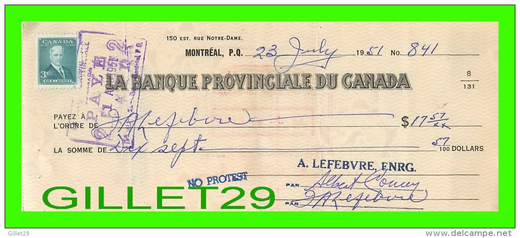 CHÈQUES AVEC TIMBRES ACCISE - LA BANQUE PROVINCIALE DU CANADA, 1951 No 841 - CACHET POSTE - FISCAUX - Cheques & Traveler's Cheques