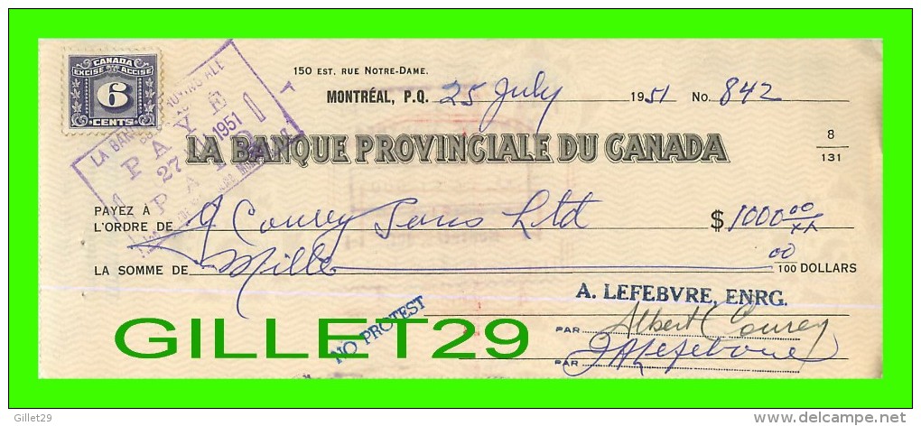 CHÈQUES AVEC TIMBRES ACCISE - LA BANQUE PROVINCIALE DU CANADA, 1951 No 842 - CACHET POSTE - FISCAUX - Cheques & Traveler's Cheques