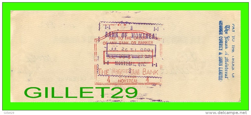 CHÈQUES AVEC TIMBRES ACCISE - LA BANQUE PROVINCIALE DU CANADA, 1951 No 842 - CACHET POSTE - FISCAUX - Schecks  Und Reiseschecks