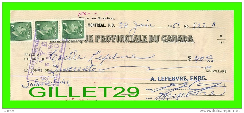 CHÈQUES AVEC TIMBRES ACCISE - LA BANQUE PROVINCIALE DU CANADA, 1951 No 822 - CACHET POSTE - FISCAUX - Assegni & Assegni Di Viaggio