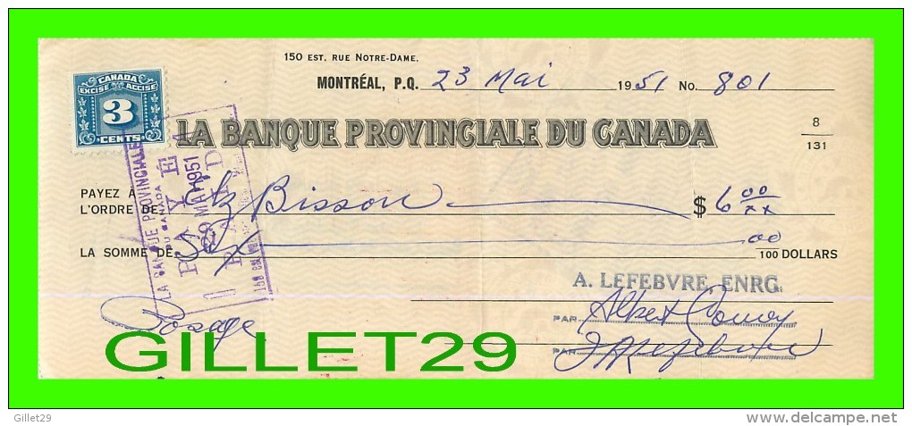 CHÈQUES AVEC TIMBRES ACCISE - LA BANQUE PROVINCIALE DU CANADA, 1951 No 801 - CACHET POSTE - FISCAUX - Cheques & Traveler's Cheques