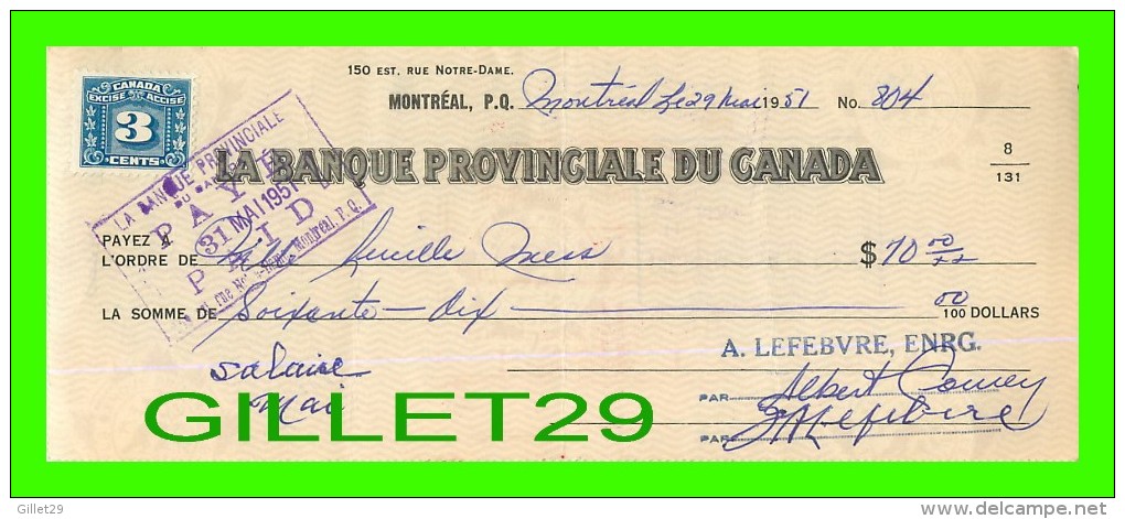 CHÈQUES AVEC TIMBRES ACCISE - LA BANQUE PROVINCIALE DU CANADA, 1951 No 804 - CACHET POSTE - FISCAUX - Schecks  Und Reiseschecks