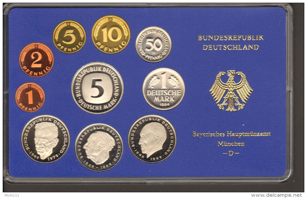 BRD Kursmünzensatz KMS Polierte Platte, Umlaufmünzenserie DM 1984  Prägestätte D - Mint Sets & Proof Sets