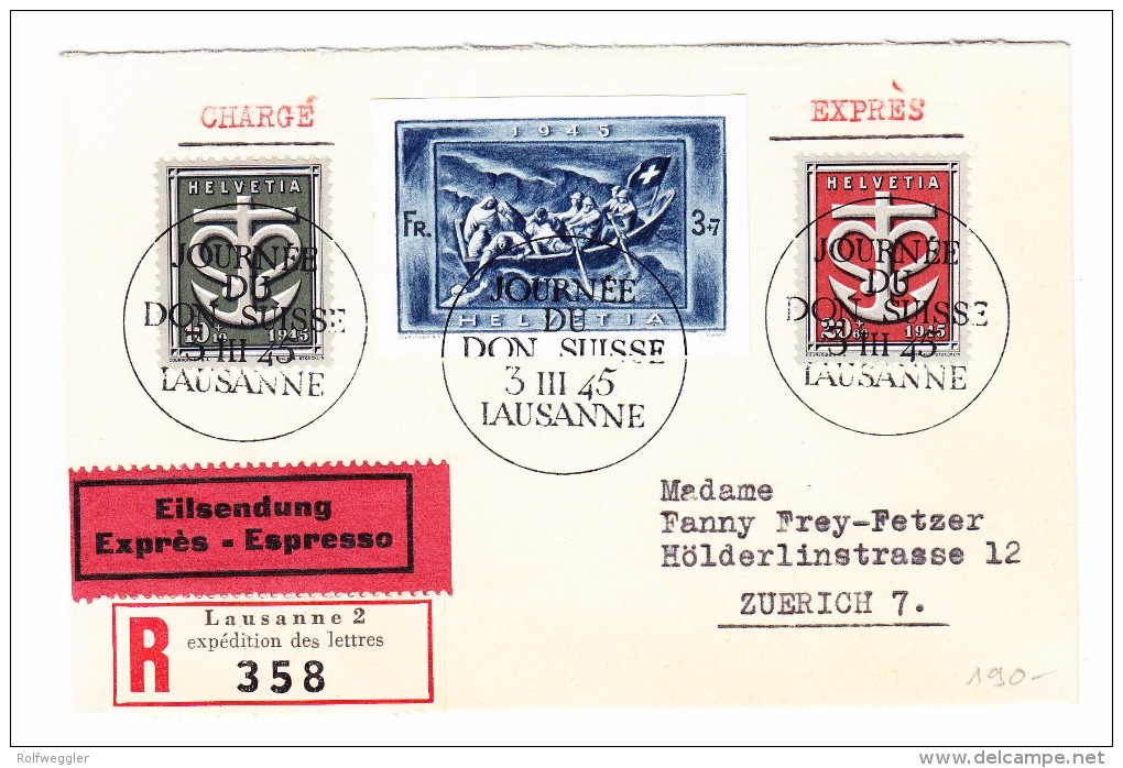 Schweiz 1945 # W21A Blockauschnitt Spende Kriegsgechädigten Und W19, W20 Ges.  3.3.1945 Lausanne Exprès R-Brief Nach ZH - Blocks & Kleinbögen
