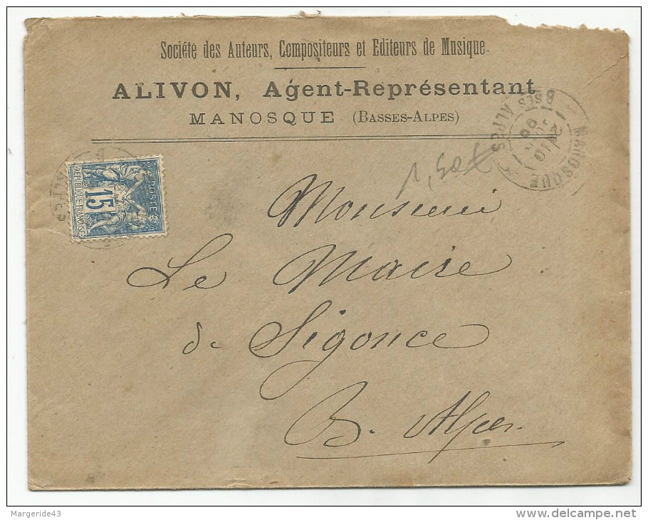 SAGE SUR LETTRE A EN TETE DE MANOSQUE (BASSES ALPES) DU 10/6/1899 - 1877-1920: Periodo Semi Moderno