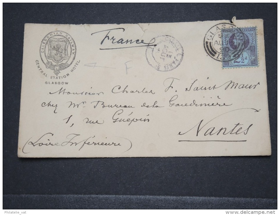 GRANDE BRETAGNE - Env Du Central Station Hôtel (Caledonian Railway) Pour Nantes - Août 1890  - P16701 - Postmark Collection