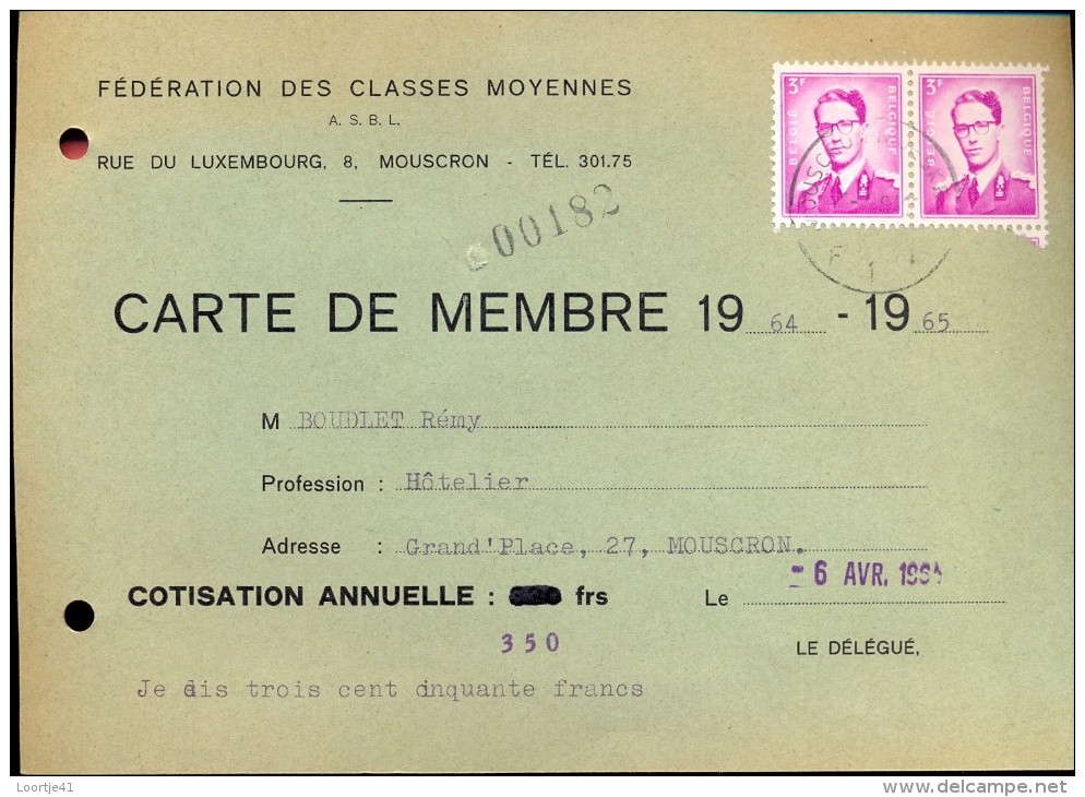 Carte Membre Fédération Des Classes Moyennes  Mouscron - Moeskroen 1964 - 1965 - Tickets - Vouchers