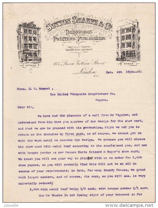 Lettre 4/12/1900 SUTTON SHARPE Designers Printers Publishers London - Cognac - Regno Unito