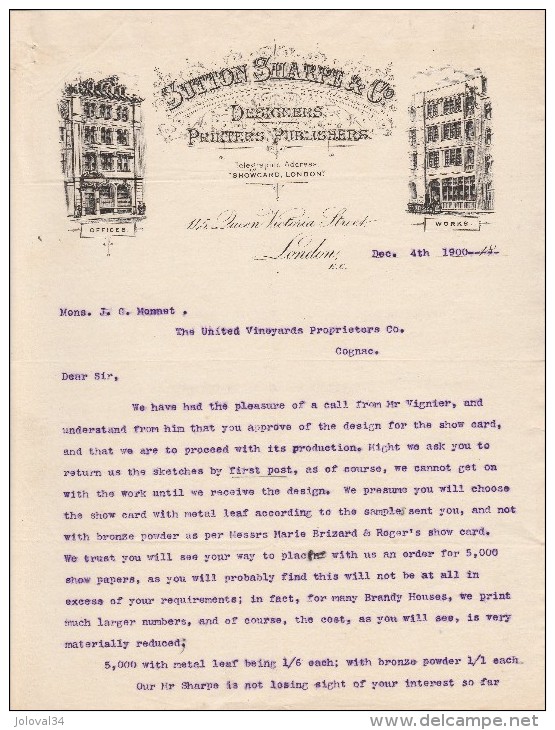 Lettre 4/12/1900 SUTTON SHARPE Designers Printers Publishers London - Cognac - Royaume-Uni