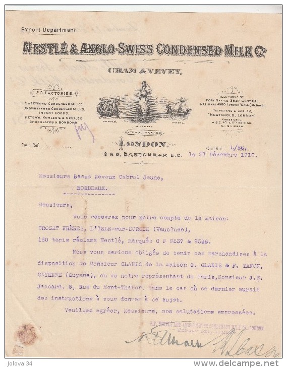 Lettre 21/12/1910 NESTLE & Anglo Swiss Condensed Milk Cham & Vevey - London - Bordeaux - Regno Unito