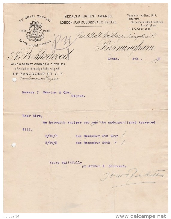 Lettre 1911 A B SHERWOOD Wine & Brandy Grower & Distiller BIRMINGHAM - Cognac - Royaume-Uni