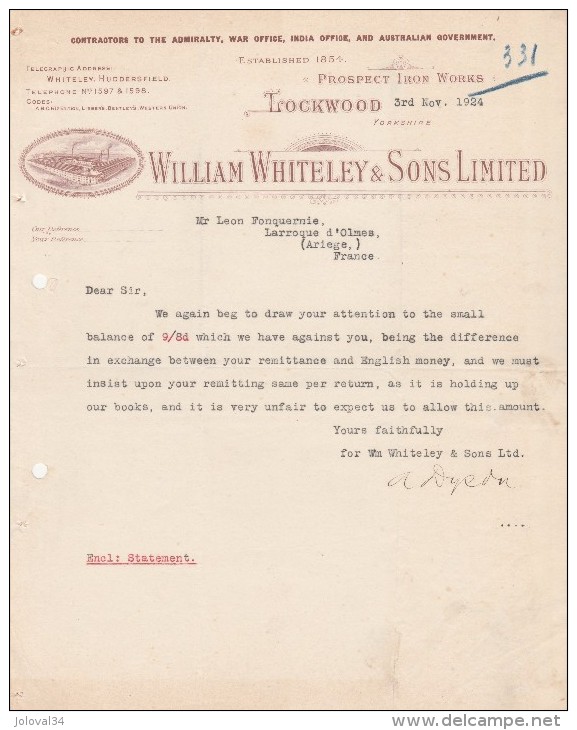 Lettre 1924 William Whiteley Prospect Iron Works TROCKWOOD Yorkshire - Larroque D´Olmes Ariège France - United Kingdom