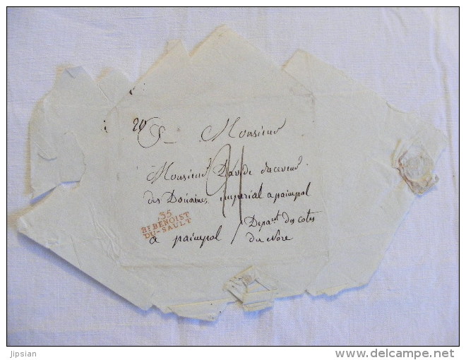 Lettre Avec Marque Postale St Benoist Du Sault 35 Rouge Indre Cachet Cire Adressée Receveur Douanes Impériale Paimpol M1 - 1801-1848: Precursores XIX