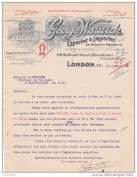 Lettre 10/10/1919 GEORGE WARWICK Export Import LONDON - Xaintrailles Lot Et Garonne France - Regno Unito
