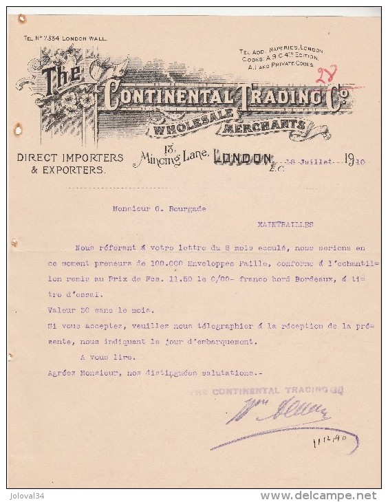 Lettre 1910 The Continental Trading Wholesale Merchants Import Export LONDON - Xaintrailles Lot Et Garonne France - Royaume-Uni