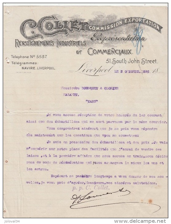 Lettre 1898 C COLLET Commission Exportation Représentation LIVERPOOL - Mazamet Tarn France - Royaume-Uni