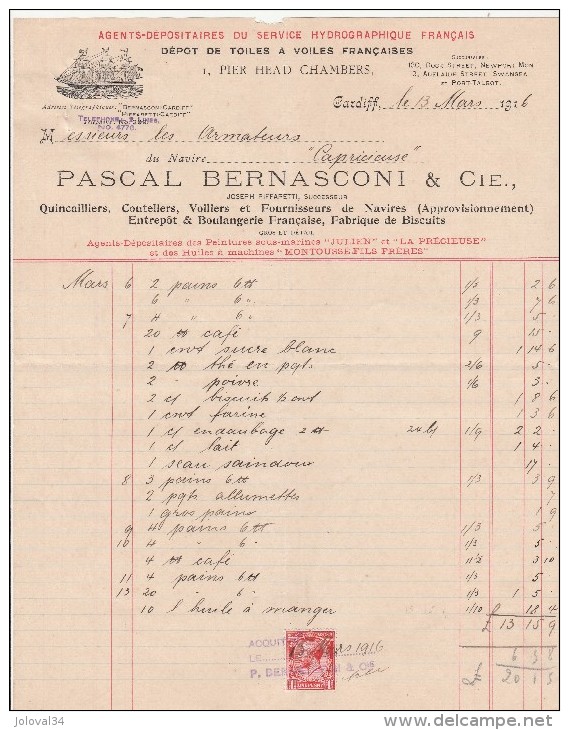 Facture 03/1916 Pascal BERNASCONI Fournisseur Navires, Boulangerie Biscuits CARDIFF Pour Armateurs Navire Capricieuse - Reino Unido