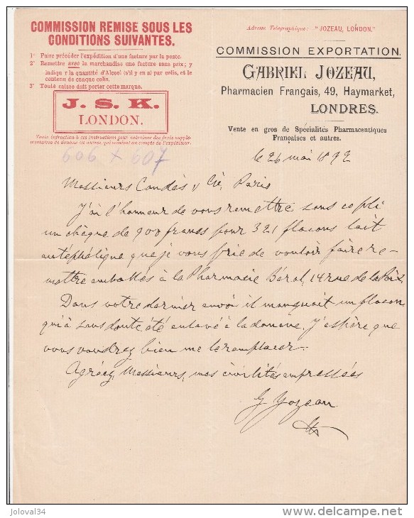 Facture 1892 Gabriel JOZEAU Pharmacien Français Commission Exportation LONDRES - Paris - Royaume-Uni