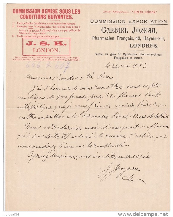 Facture 1892 Gabriel JOZEAU Pharmacien Français Commission Exportation LONDRES - Paris - Ver. Königreich