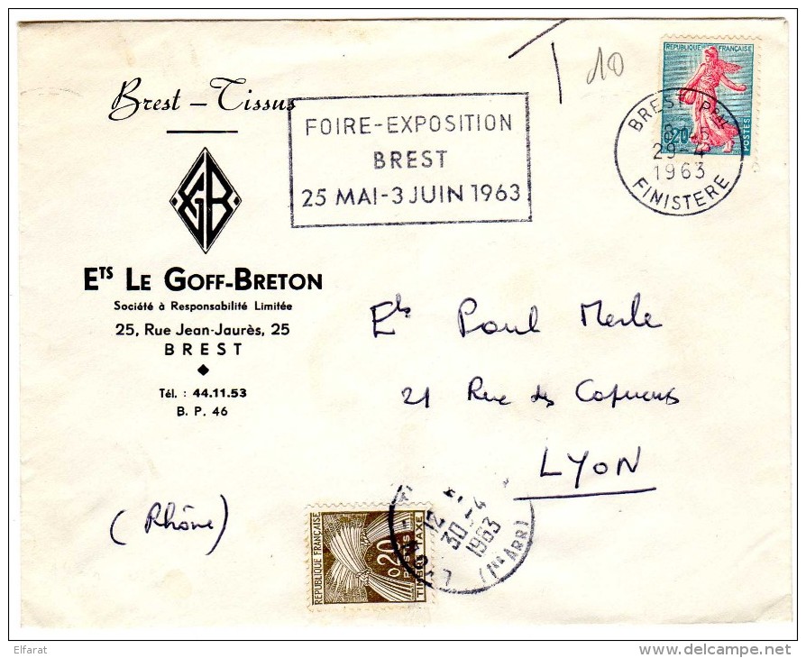 Lettre Taxée Du 29.4.1963. Semeuse De Roty Yv.1233 + 0.20 Gerbes Yv.TTx 92 - 1961-....