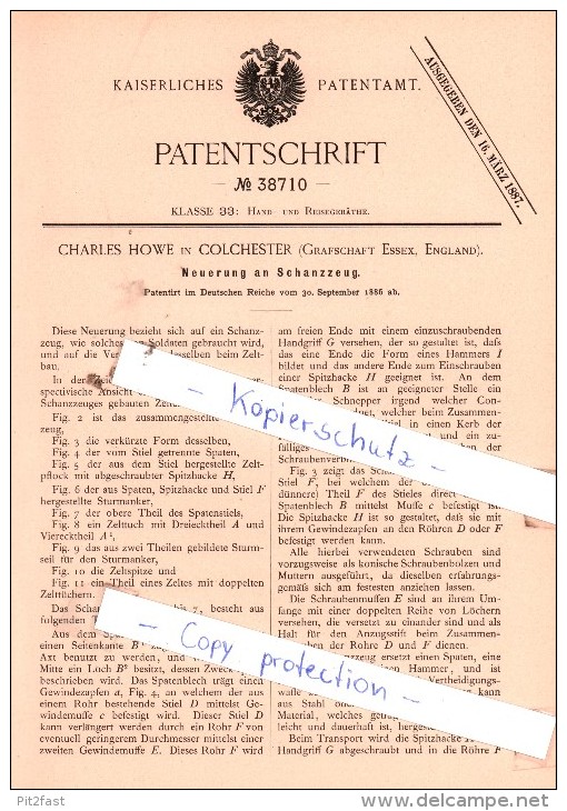 Original Patent  - Charles Howe In Colchester , Grafschaft Essex, England , 1886 , Schanzzeug !!! - Colchester