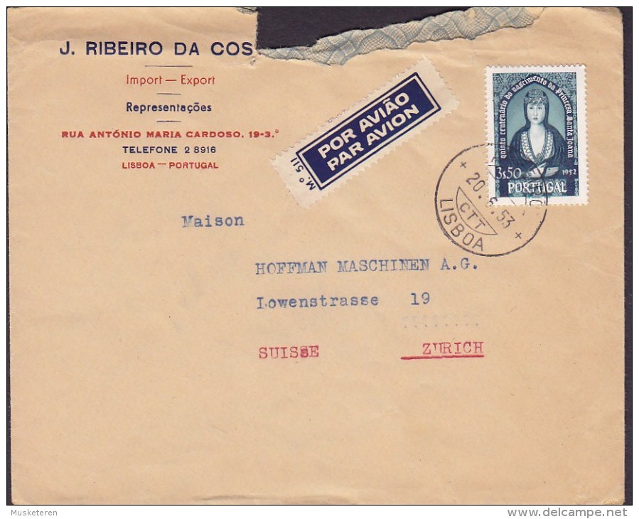 Portugal POR AVIAO Par Avion Label J. RIBEIRO DA COSTA, LISBOA 1953 Cover Letra ZÜRICH  Schweiz 3.50 E Santa Joana - Lettres & Documents