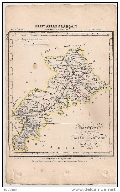 Carte Département De La Haute-Garonne De 1841 Par Perrot. Petit Atlas Français. Géographie Langlois. Toulouse Muret - Cartes Géographiques