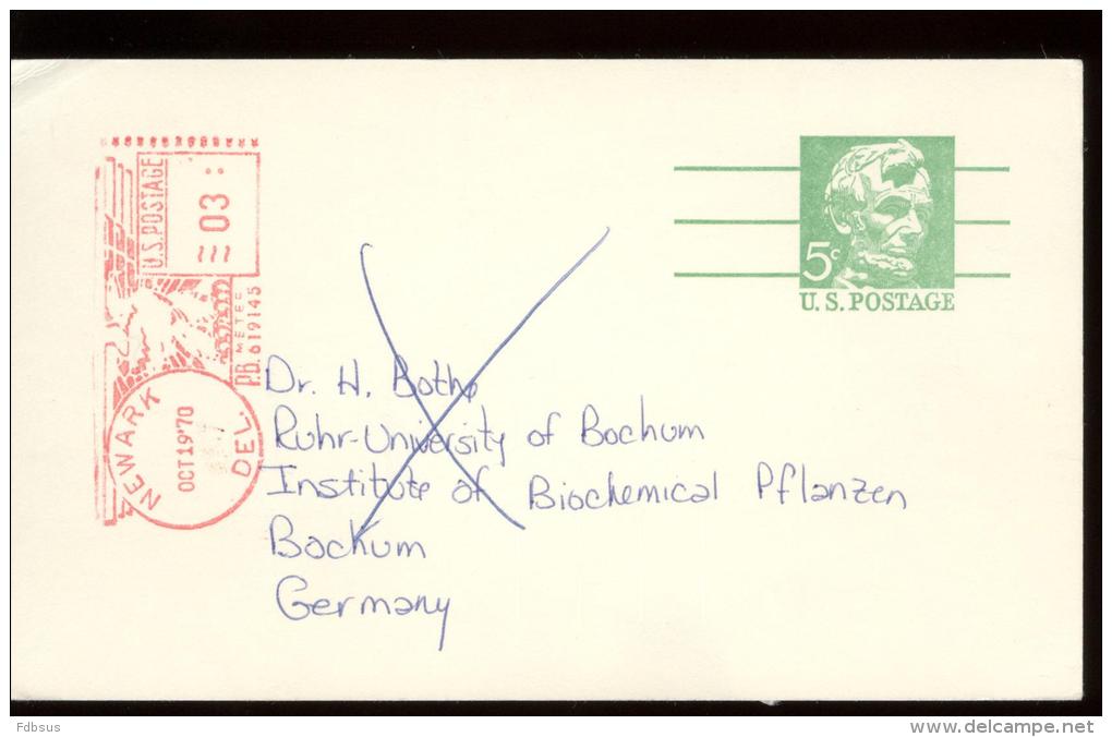 SCOTT UX 55 POSTCARD -  5c + NICE RED MACHINE CANCELLATION NEWARK OCT19'70  UNIVERSITY OF DELAWARE - BIOLOGICAL SCIENCE - 1961-80