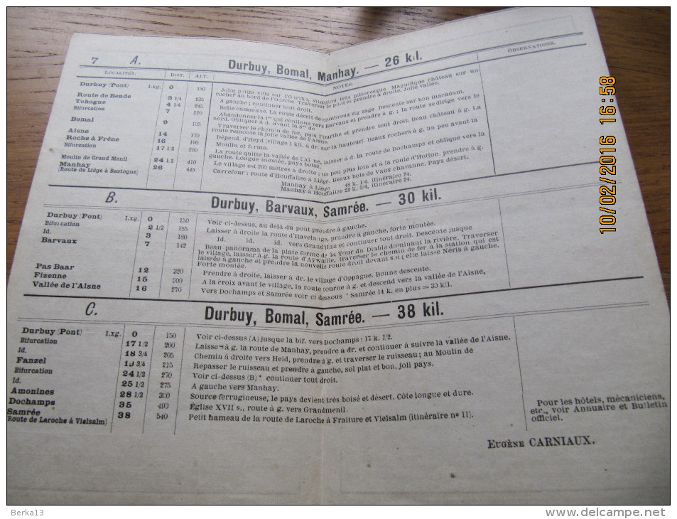 ITINERAIRE TCB N°7 A: DURBUY, BOMAL, MANHAY B: DURBUY, BARVAUX, SAMREE C: DURBUY, BOMAL, SAMREE - Autres & Non Classés