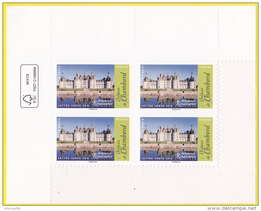 Bloc De 4 Timbres-poste Neufs** - Château De Chambord Adhésifs Entreprises - N° 1114A (Yvert) - France 2015 - Nuevos