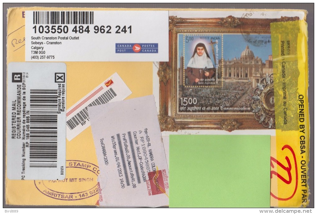 Registered Letter From India To Canada Officially Opened By CBSA  Saint Alphonsa Vatican City - Commemorative Covers