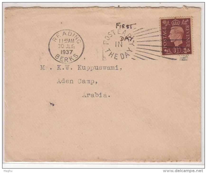 Great Britain Reading FDC 1&frac12;d 1937 To Aden Camp, Slogan Cancel - ....-1951 Pre Elizabeth II