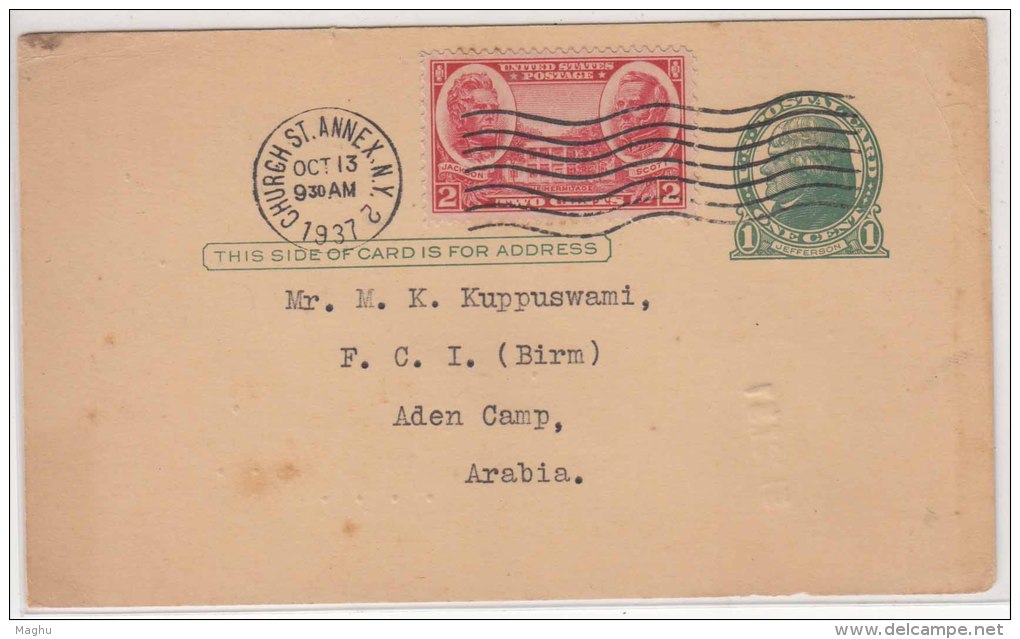 Uprated United States, New York Church St USA, To Aden Camp 1937 Used - 1921-40