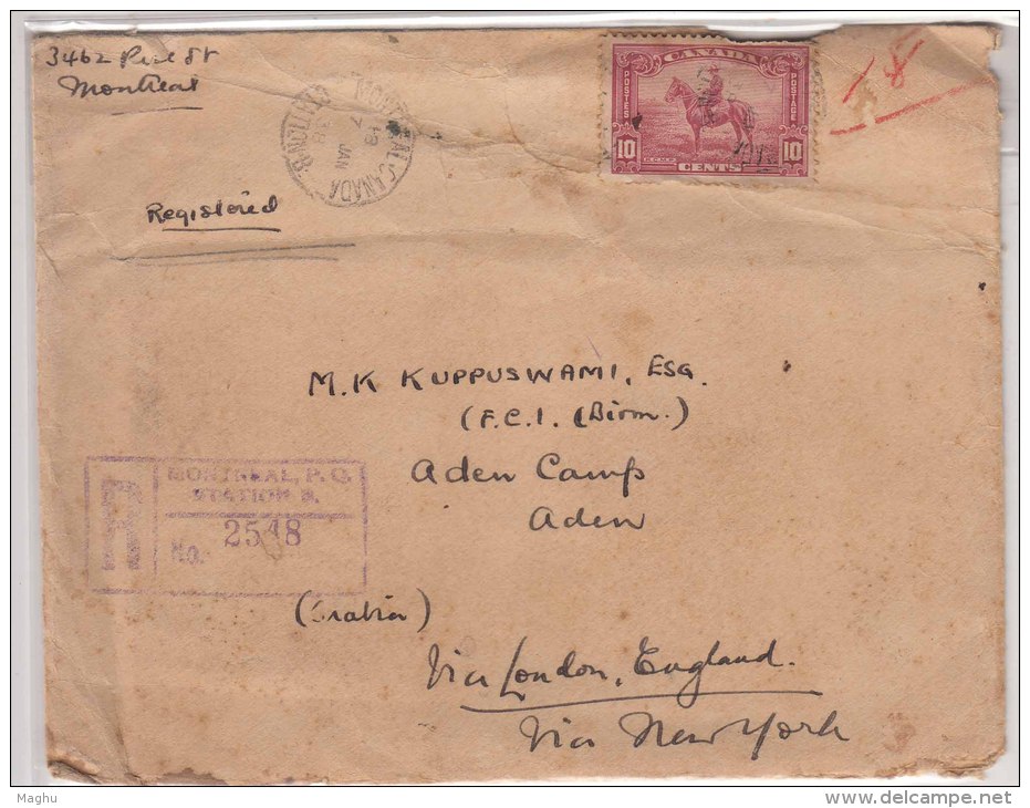 Registered Cover Canada To Aden Camp Cover Used 1938, Horse  Animal - Other & Unclassified