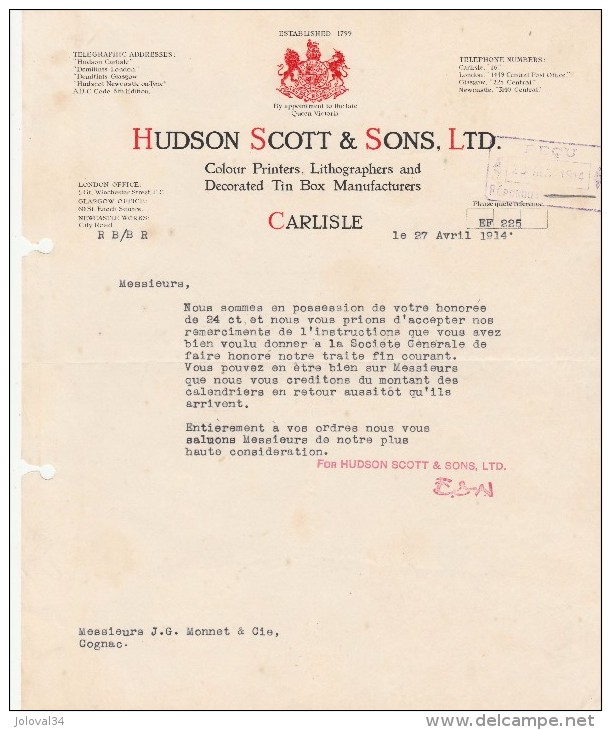 Lettre 1914 Hudson Scott Colour Printers Lithographers Decoratd Tin Box CARLISLE  - Cognac Charente France - Reino Unido