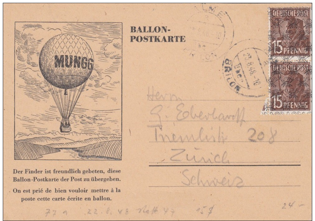 GERMANIA / DEUTSCHLAND 1948 - BALLON POSTKARTE -  SX210 - Otros & Sin Clasificación