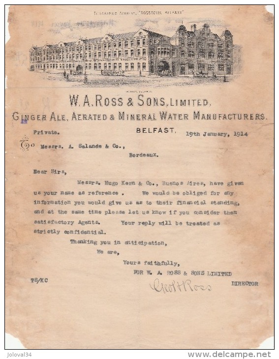 Lettre 1914 W A ROSS Ginger Ale, Aerated & Mineral Water BELFAST - Bordeaux France - Voir Scan - Regno Unito