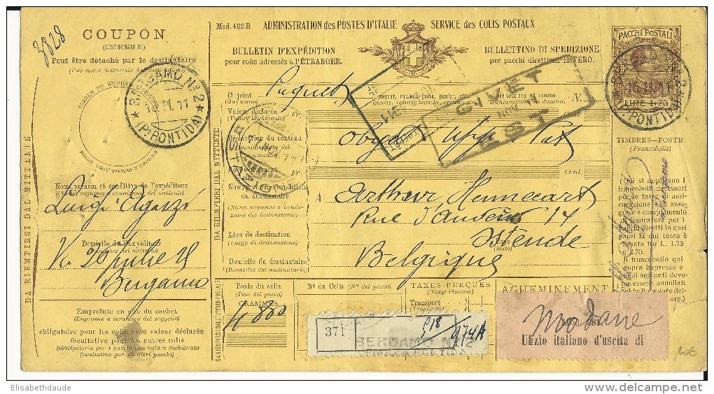 ITALIE - 1911 - COLIS POSTAUX - CARTE BULLETIN D'EXPEDITION De BERGAMO Pour OSTENDE (DOUANE AU DOS) Via GIVET ET MODANE - Postal Parcels