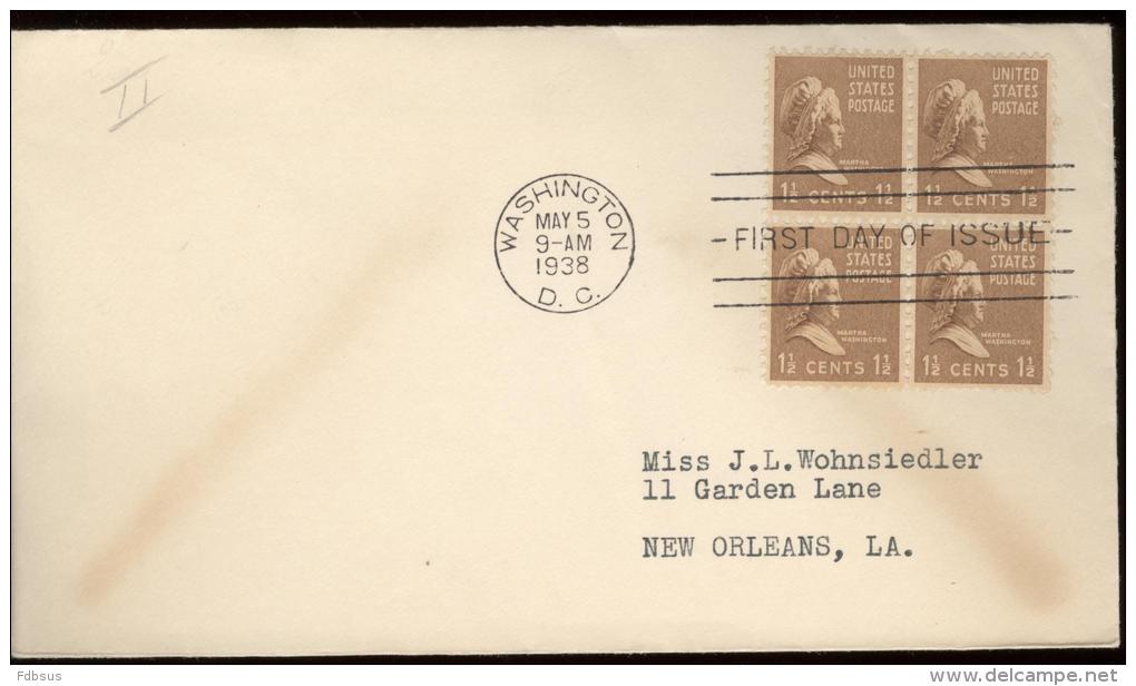 FDC Scott 793  WASHINGTON 1938  - MARTHA WASHINGTON   BLOCK OF 4 - 1851-1940