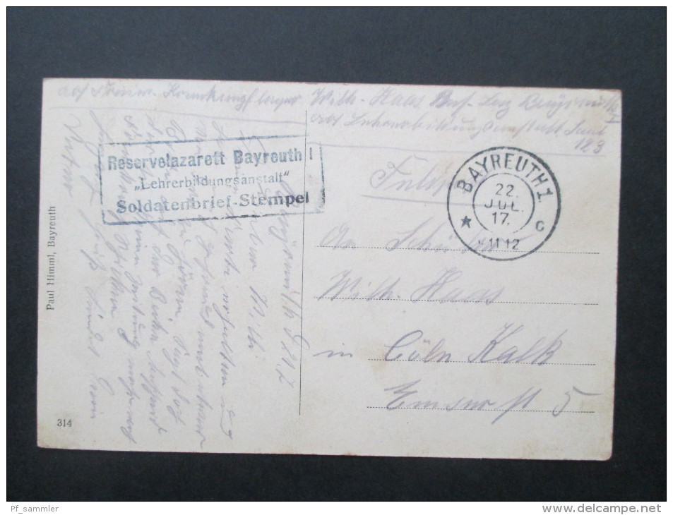 AK 1. WK. 1917 Jean - Paul Denkmal Bayreuth. Soldatenbrief - Stempel Reservelazarett Bayreuth I "Lehrerbildungsanstalt" - Bayreuth