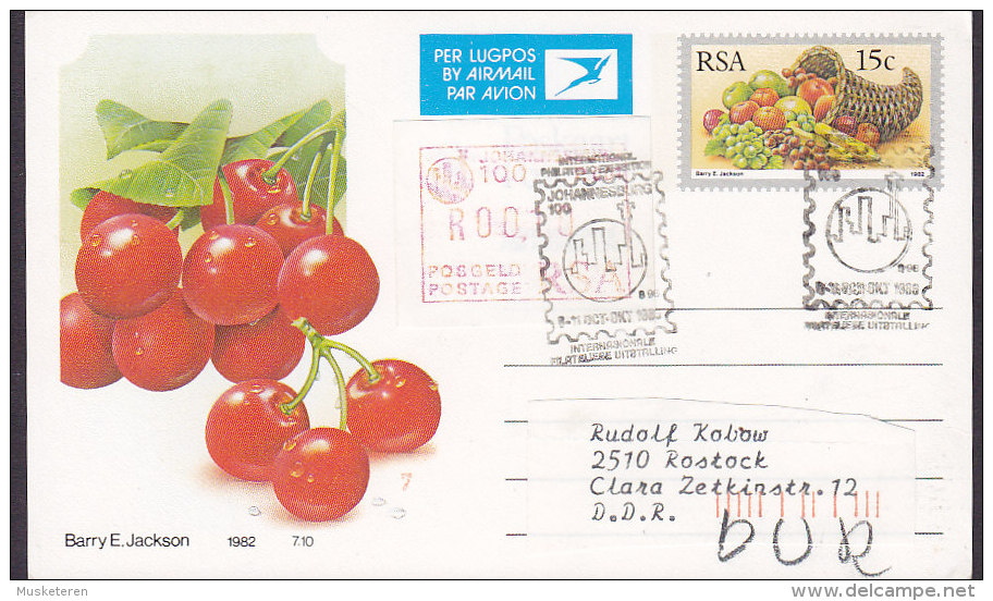 South Africa Air Mail Uprated (Frama Label) Postal Stationery Ganzsache JOHANNESBURG 1986 Stamp Exhibition Fruits Cherry - Luchtpost