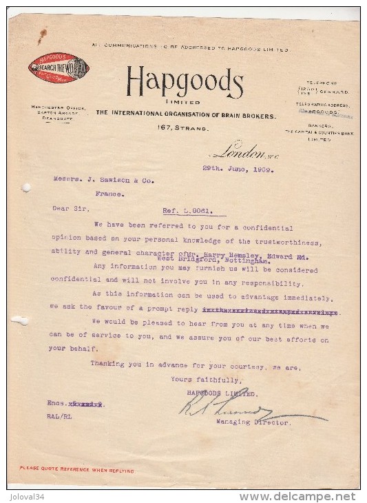 Lettre 1909 HAPGOODS The International Organisation Of Brain Brokers LONDON - Ver. Königreich