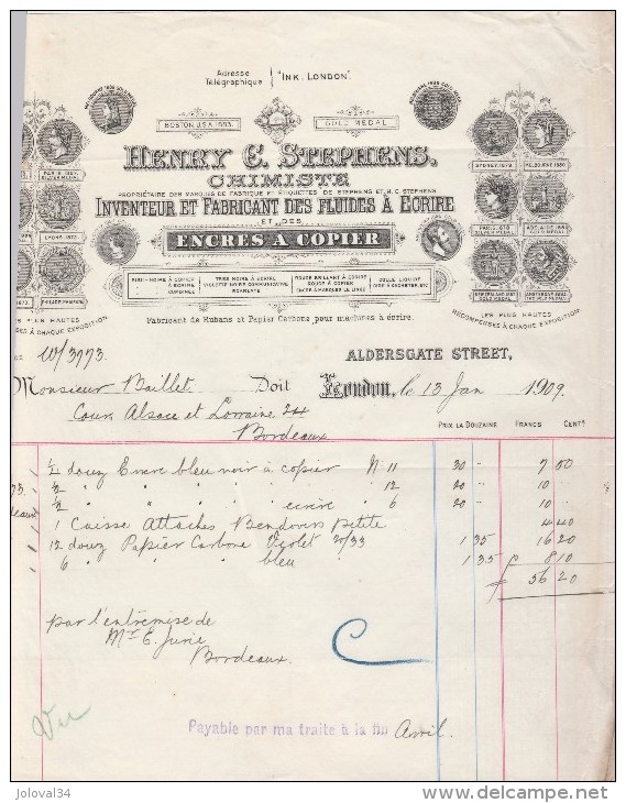 Lettre 1909 HENRY C STEPHENS Chimiste Encres à Copier  LONDON - Royaume-Uni