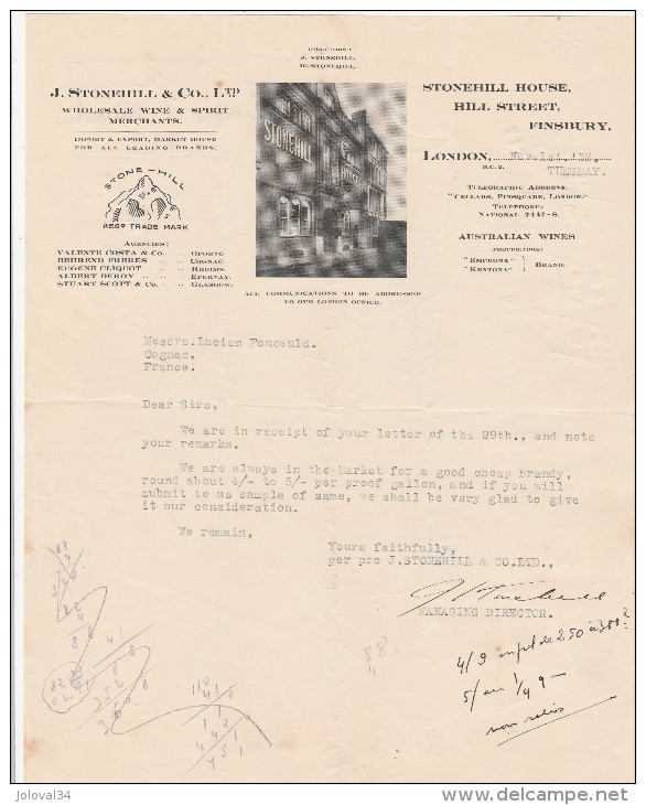 Lettre 1/11/1932 J STONEHILL & Co Wholesale Wine & Spirit Merchants  LONDON - Royaume-Uni