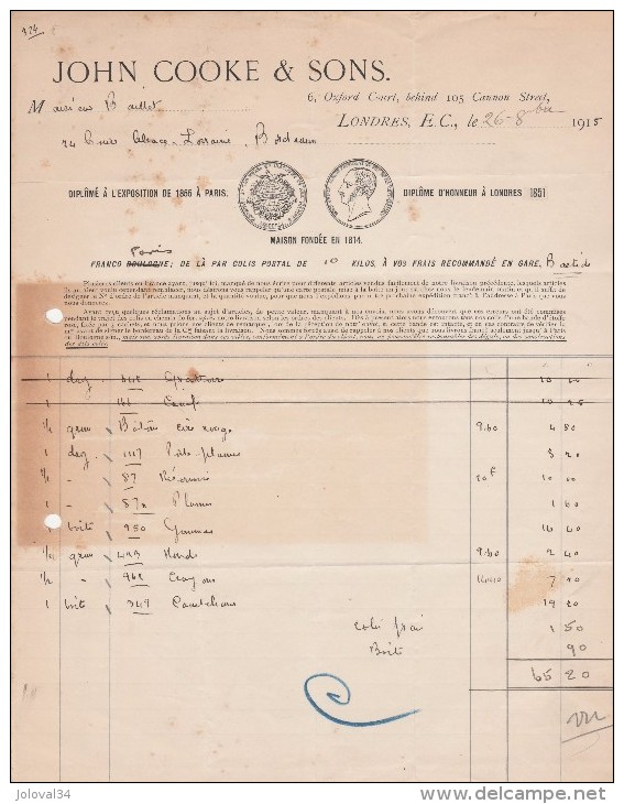 Facture 1915 JOHN COOKE & SONS LONDRES - Royaume-Uni