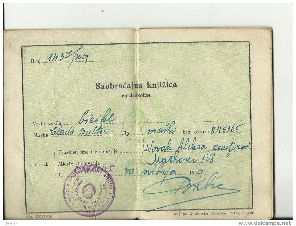 CROATIA  --  CAKOVEC --  DRIVING LICENCE FOR BIKE, BICYCLE,  PERMIS DE CONDUIRE  - 1949 -  WITH TAX STAMP, TIMBRE FISCAL - Documents Historiques