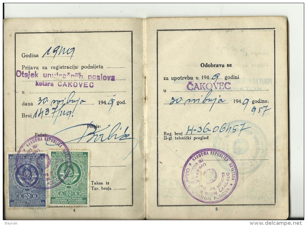 CROATIA  --  CAKOVEC --  DRIVING LICENCE FOR BIKE, BICYCLE,  PERMIS DE CONDUIRE  - 1949 -  WITH TAX STAMP, TIMBRE FISCAL - Documents Historiques