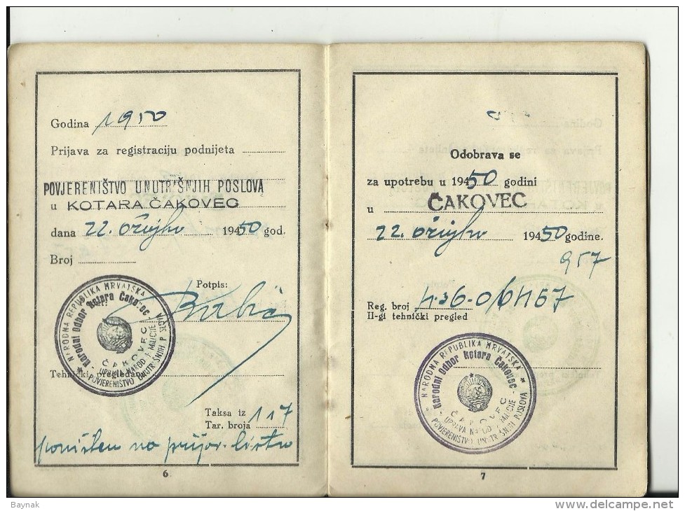 CROATIA  --  CAKOVEC --  DRIVING LICENCE FOR BIKE, BICYCLE,  PERMIS DE CONDUIRE  - 1949 -  WITH TAX STAMP, TIMBRE FISCAL - Documents Historiques