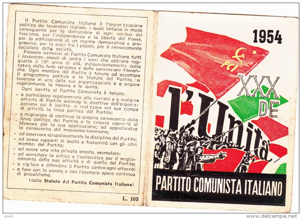 TESSERA PARTITO COMUNISTA ANNO 1954-OTTIMO STATO DI CONSERVAZIONE-VEDI OFFERTA SPECIALE IN SPESE DI SPEDIZIONE-2 SCAN- - Pubblicitari