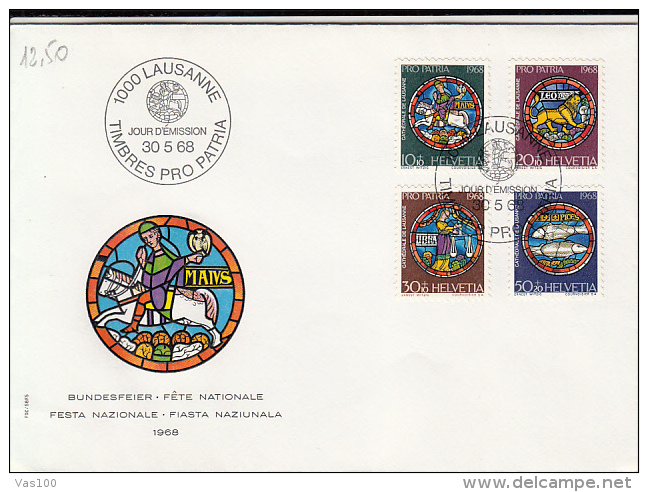 STAINED GLASS WINDOWS, EMBOSSED COVER FDC, 1968, SWITZERLAND - Glasses & Stained-Glasses